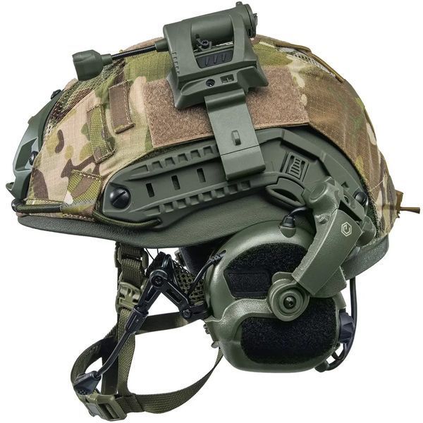 Шлем FAST NIJ IIIA с Навушниками Earmor M32 X MOD4 + фонарик, цвет оливковый, кавер Мультикам, размер М 32442-324M фото